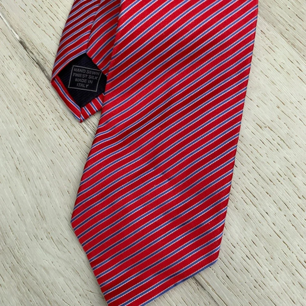 Robert Jensen Red Blue White Striped Silk Tie Hand Sewn Italy Mens Necktie